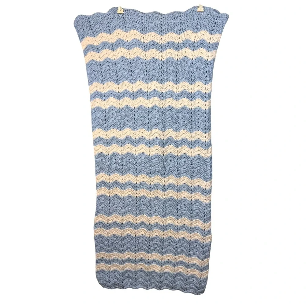Handmade Crochet Blanket 46X20 Blue Cream Chevron Stripe Handmade Knit Baby Kids